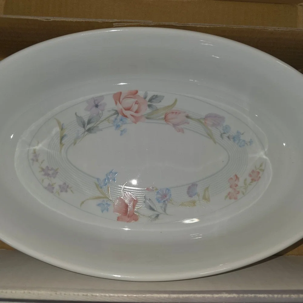 American Limoges Flowers 12 Inch Oval Baker Fine Porcelain Floral Casserole Dish